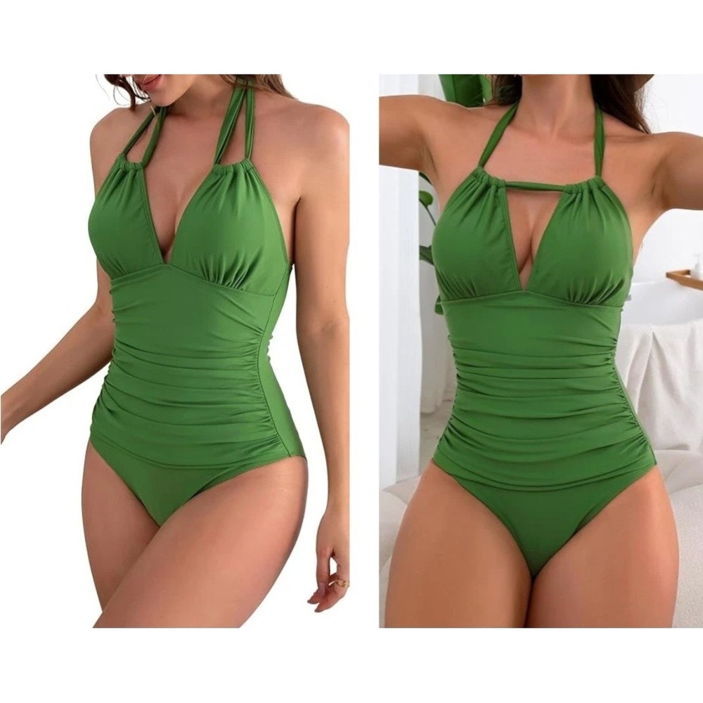 B2PRITY Womens Green Ruched Halter One Piece Swimsuit Size M Tummy Control